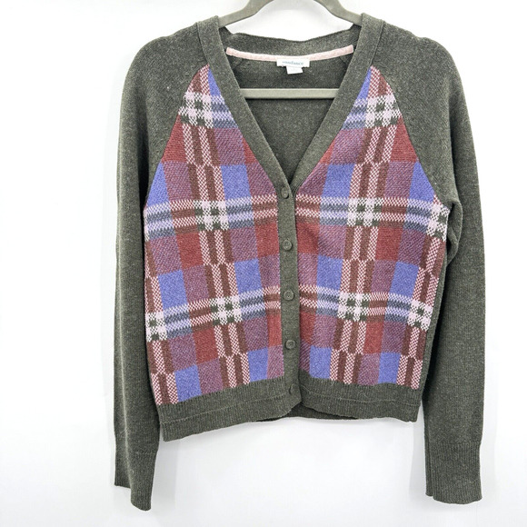 Sundance Clare Plaid Cardigan Sz S Green Cotton V-Neck Boho Academia Preppy - Picture 1 of 8
